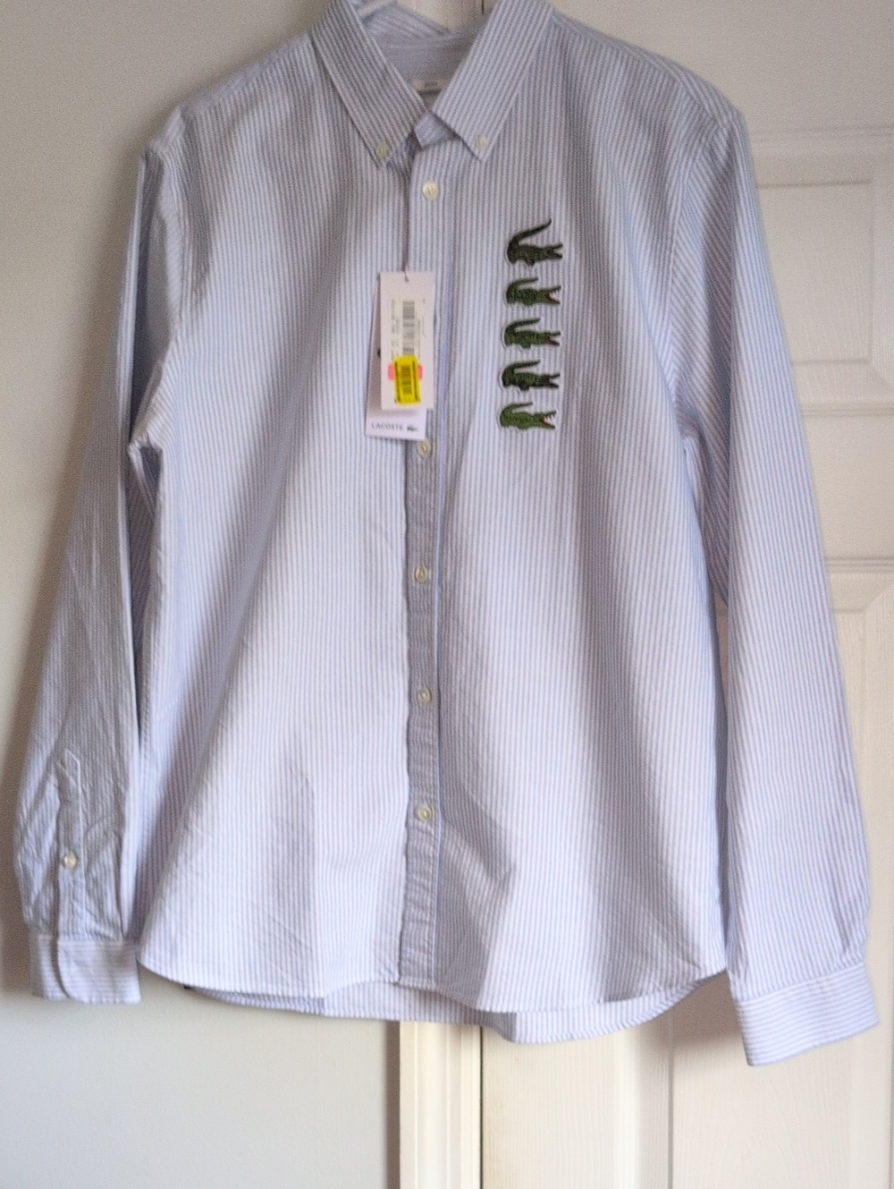 Lacoste Unisex Blue & White Pinstripe Button-Up Shirt with Green Croc Logos